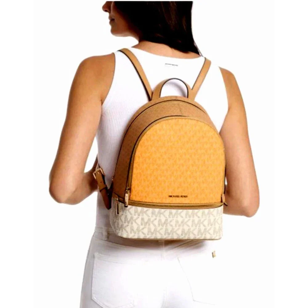 New Michael Kors Rhea Medium Colorblock Signature Logo Backpack Pop Orange Multi - Picture 2 of 4